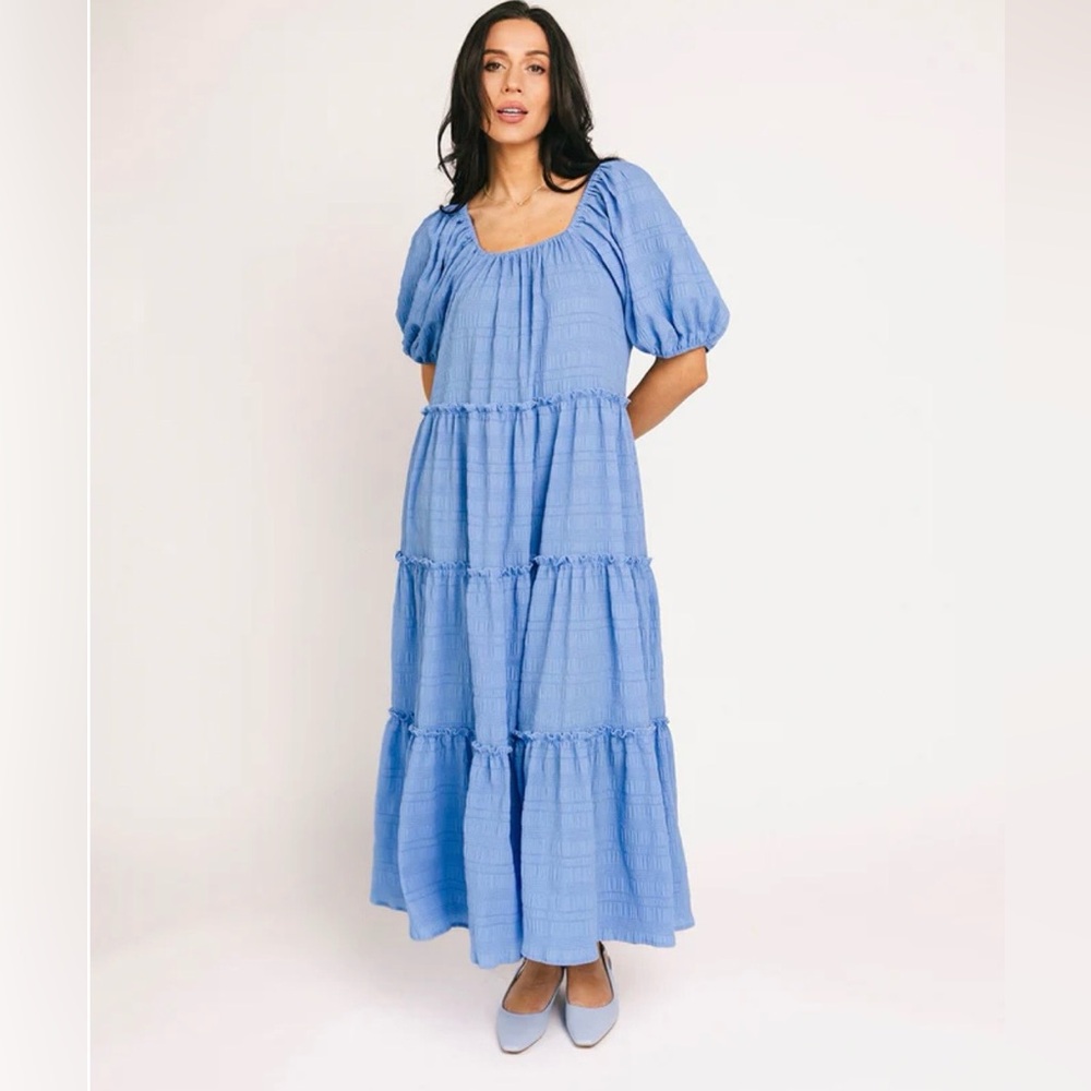 ZOCO Tiered Puff Sleeve Maxi Dress in Sky Blue